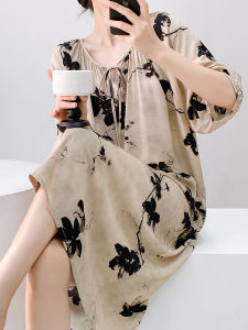 Classical Cotton Silk Dress Short Sleeve Midi Length Womens Sleepwear Robe Vintage Chinese Style Home Clothes Outdoor Wear