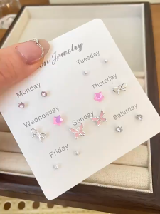 7pcs Exquisite Weekly Earrings Set Fashion Four Leaf Clover Bowknot Studs for Women Jewelry For Gift