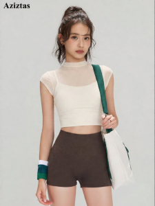 aziztas | Padded Breathable Illusion Two-Piece Mesh Sport T-Shirt