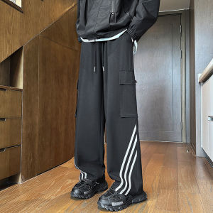 Quick Dry Ice Silk Casual Pants Mens Loose Wide Leg Sporty Trousers Teenagers Autumn Casual Long Trousers Striped Pattern