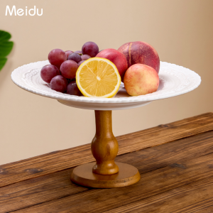 Rustic Ceramic Fruit Tray High Leg Tea Table Display Stand Living Room Afternoon Tea Wooden Surface Candy Dessert Tray