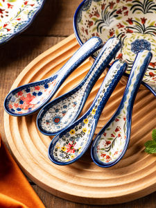 Small Ceramic Soup Spoon Retro Rice Spoon Personal Dining Utensils Soup Ceramic Spoon Dishwasher Safe Wooden Handle