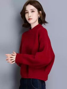Autumn Winter New 2024 Womens Knitted Wool Base Shirt Batwing Sleeve Short Sweater Red Pullover Korean Style Loose Fit Commute
