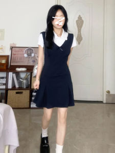Slimming Blue Vest Dress V-Neck Short Skirt Sleeveless Womens Summer Waist-Cinching Korean College Style A-Line Dress