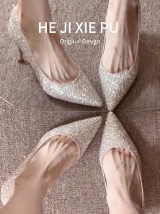 เงาแชมเปญเลื่อมชี้นิ้วเท้ารองเท้าส้นสูง ผู้หญิง ส้นบาง ทันสมัย สำหรับงานกลางคืน รองเท้าเจ้าสาวรองเท้าแต่งงานรองเท้าแม่บ้าน