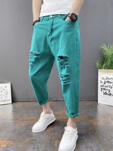 Mens Slim Fit Harlan Jeans Fashionable Korean Style Small Hole Casual Trousers mid Waist Drawstring Summer Jeans