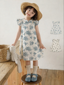 YOEHYAUL | Summer New Breathable Cotton Cheongsam Dress with Flared Sleeves for Girls