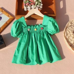 เสื้อเชิ้ตแขนสั้นผ้าฝ้ายสไตล์เกาหลีสำหรับเด็กผู้หญิง ฤดูร้อน 2025 ใหม่ หวาน เสื้อเชิ้ตผ้าฝ้ายลายดอกไม้สำหรับเด็กวัยกลางคนและโต