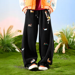 Embroidered Dog Loose Fit Warm Pants Thick