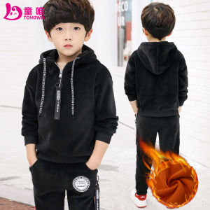 Velvet Fleece Childrens Winter Outfit Boys Two-Piece Set Comfortable Breathable Cotton Polyester Blend Warm Hoodie Pants
