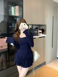 GUZILIAN | Ruffle Sleeve U-Neck Long Dress Lace Splicing A-Line Short Skirt Pure Desire Waist-Cinching Korean Style Winter Design Dress