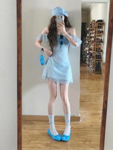 CHANGTONG | Váy kẻ caro phong cách ngọt ngào và cay nồng màu xanh lam tươi mới mùa hè cho nữ Váy ngắn không tay cổ chữ U dáng chữ A