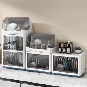 Dish Rack Organizer Cabinet Multifunctional Kitchen Tableware Cupboard Storage Rack With Cover Dish Drain Cabinet with Drawer Plate Organizer