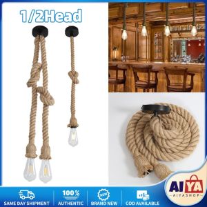 Home Rope Vintage Creative Hemp Rope Pendant Ceiling Light Holder Industrial Chandelier Pendant Lamp Edison Hanglamp for Loft Cafe Bar Dining Room Kitchen Decor