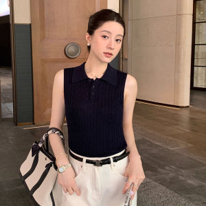 chaqi | เสื้อกั๊กถักแขนกุดทรงเข้ารูปสไตล์ฝรั่งเศสสำหรับผู้หญิงในช่วงฤดูร้อน เสื้อคลุมกันหนาวแบบสวมหัวสีพื้น