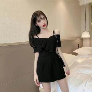 High-Waist Polyester Fiber Jumpsuit Summer New Womens Shorts with Ruffles and Suspenders Elegant and Casual Work Clothing