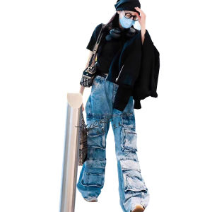 Retro American Star High Waist Wide Leg Jeans Womens Loose Slim Straight Workwear Denim Trousers Multi-Pocket Trendy Street Style