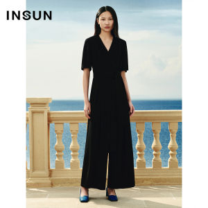 Insun Summer Black High Waist Wide Leg Jumpsuit Comfortable Viscose Fiber Straight Cut Pants Suit Office Commute Womens Fashion