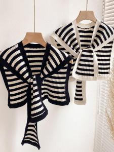 Hannikizi Knitted Shawl: Fashionable Black & White Stripes Shoulder Wrap