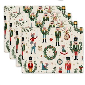VIKAMA 4pc Nutcracker Christmas Print Placemat Cartoon Mouse Wreath Wall Clock Pattern Table Decoration Placemat