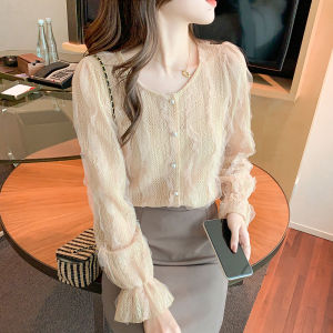 WANGGONGZHU | Spring Lace Base Shirt Womens Fashionable Long Sleeve Loose Slimming Personality Top Trendy Design Korean Style Round Neck