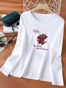 2024 Dragon Year Print Pure Cotton White T-shirt Womens Long Sleeve Silm Versatile Short Top Thin Inner Match Bottoming Shirt
