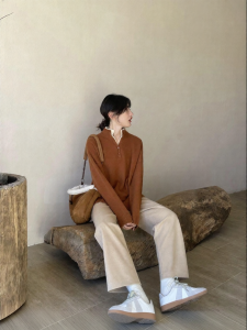 NIHAOKANONG | Quần Flannel Twill Ống Đứng Cao Waist Drop Sense