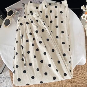 กางเกงขายาวทรงตรงผ้าลินินคอตตอนลายจุดสีสันสดใสสำหรับผู้หญิง กางเกงขายาวทรงปากลมเอวสูงทรงตรงสำหรับฤดูร้อน