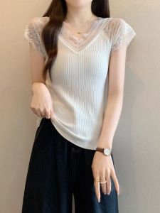 Áo Thun Lụa Băng Cổ Chữ V Tay Ngắn Ren Nữ Tính Mùa Hè 2025 Phong Cách Mới Cao Cấp Thanh Lịch Cơ Bản Áo Thun Nữ
