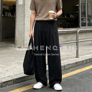 YASHENQISHI | Loose Fit Straight Leg Mens Tencel Pants