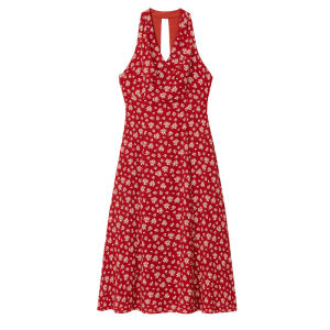 LANYU | Large Size French V-Neck Red Floral Halter Dress Set