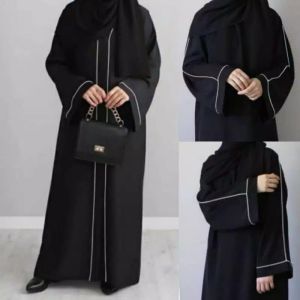 Promo abaya turki kekinian gamis list putih elegan cantiik. bahan jet black lembut