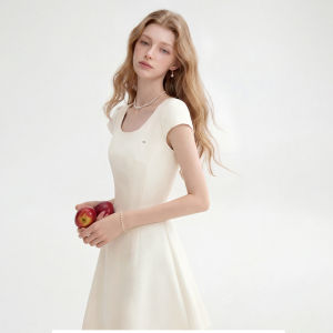 Short Sleeve Square Neck Beige Flattering A-Line Dress
