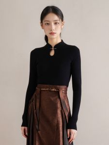 Áo Len Dệt Kim Cổ Đứng Mới Cho Nữ Mùa Thu 2024 Áo Sơ Mi Cổ Đứng Khoét Rỗng Ôm Vừa Vặn Áo Sơ Mi Dài Tay Màu Trơn