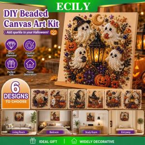 ECILY Halloween Ghost Pearl Art DIY Kit 3D Diamond Painting Craft for Spooky Cute Fall Home Wall Decor with Pearl Beads