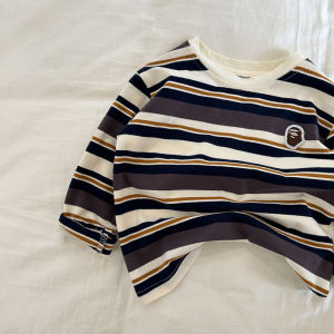 Spring Autumn Casual Striped Long Sleeve Pure Cotton Loose Childrens T-shirt round Neck Top for Boys And Girls
