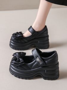 Mary Jane Womens Shoes with Skirt Small Leather Shoes Spring Autumn New Thick Bottom High Heels Butterfly Knot Magic Tape