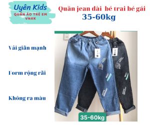 Quần jean dài bé trai bé gái co giãn mẫu phối chữ đơn giản dễ mặc dễ phối đồ (34-60kg)