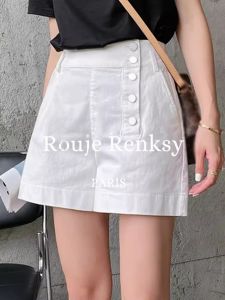 French High Waist White Button Casual Shorts Women Summer Thin Loose Straight Leg Shorts Rouje Renksy Brand Straight Fit Style