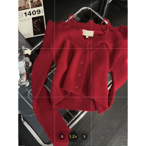 Elegant Red Knitted V-Neck Long Sleeve Womens Sweater Spring New Style Shoulder Bared Open Cardigan Casual Commute Style