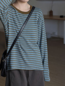Loose Knitted Long Sleeve round Neck T-Shirt Casual Striped Color Block Womens Top Comfortable Breathable Spring Fashion