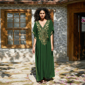 Gold Embroidery Long Kaftan Dresses V Neck Caftan Dress Beach Cover Ups for Women Embroidery