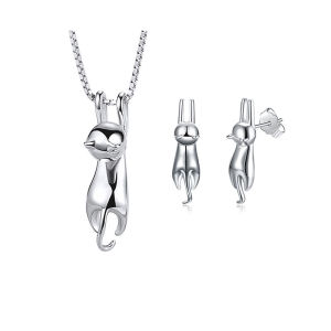 ANENJERY Silver Color Elegant Cute Cat Jewelry Set Necklace And Earrings Wedding Bridal Jewelry Sets for Women