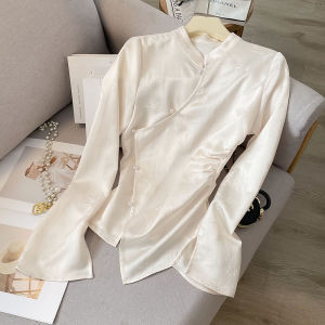 PAILAKOU | Slim Fit Long Sleeve Shirt New Chinese Style Autumn Fashion Waist Cinching Stand Collar Button Up Womens Top Elegant Business Wear