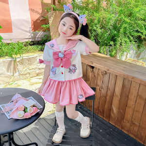 Girls Summer Sweet Kitty Cat Uniform Set 2025 Style Two-Piece Sailor Outfit Puffy Skirt School Uniforms Childrens Clothing