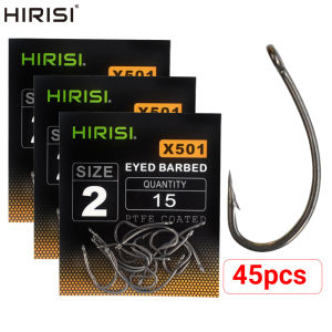 Hirisi 45pcs PTFE Coated High Carbon Stainless Steel Barbed Fish Hook With Eye Carp Fishing Accessories X501