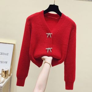 Áo Len Dệt Kim Màu Đỏ Thời Trang Dành Cho Nữ Áo Len Cổ Chữ V Tay Dài Dáng Ôm Chất Liệu Lông Cừu Phong Cách Công Sở Mùa Thu 2024