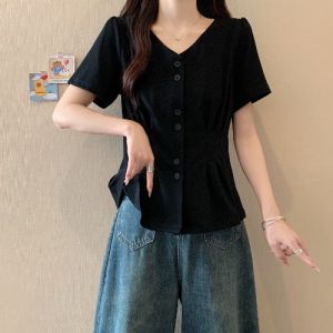 AIYITI | Chic Anti-Aging Red V-Neck Short Sleeve T-Shirt Womens Summer New Large Size Elegant Waist-Cinching Belly Concealing Shirt Top