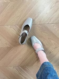 Mary Jane Square Toe Mid-High Heels Genuine Leather 40