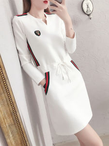 Autumn Winter plus Size Womens Casual White Fragile Style Dress Slimming Small Size Womens Dress Summer Cotton Blend Long Sleeve V Neck